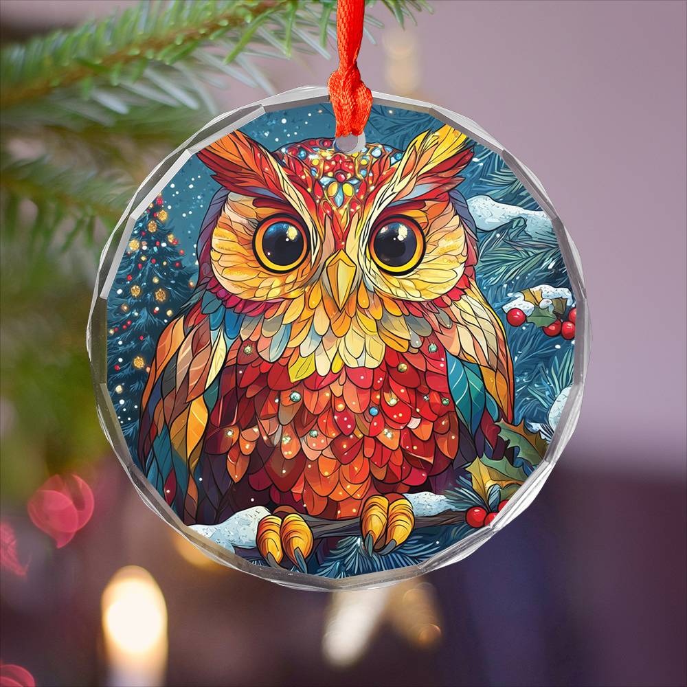 Beautiful Owl Christmas Night Design 2 Glass Ornament