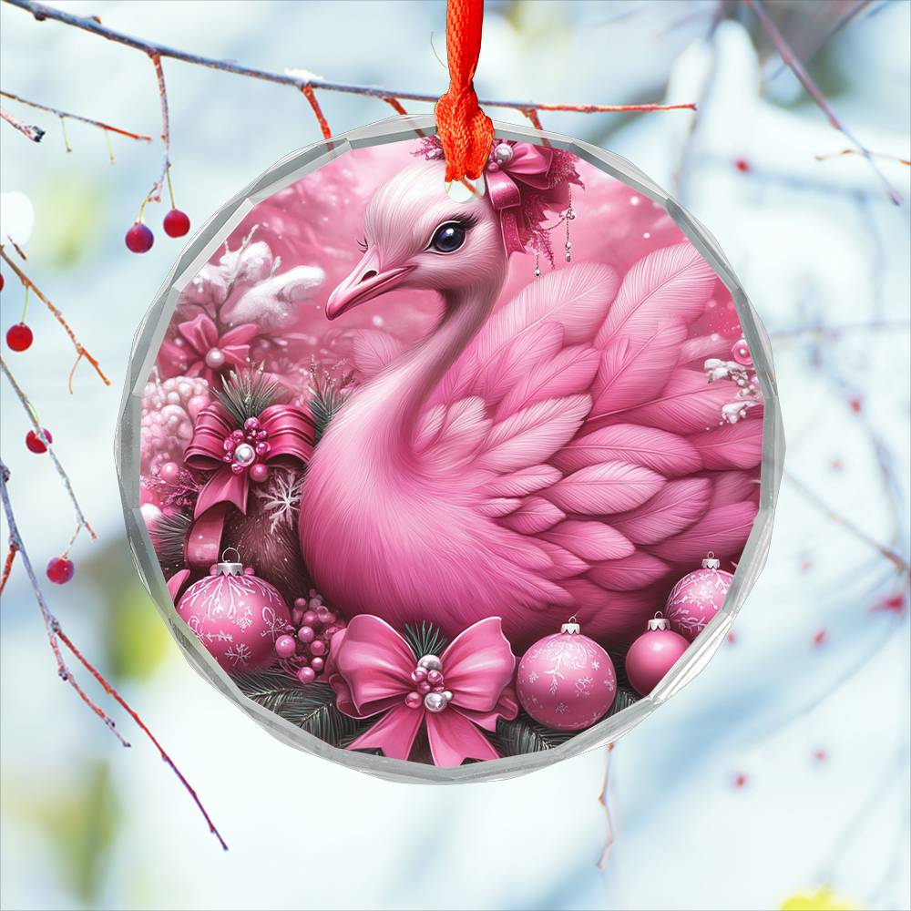 Ostrich Pink Christmas Design 4 Glass Ornament