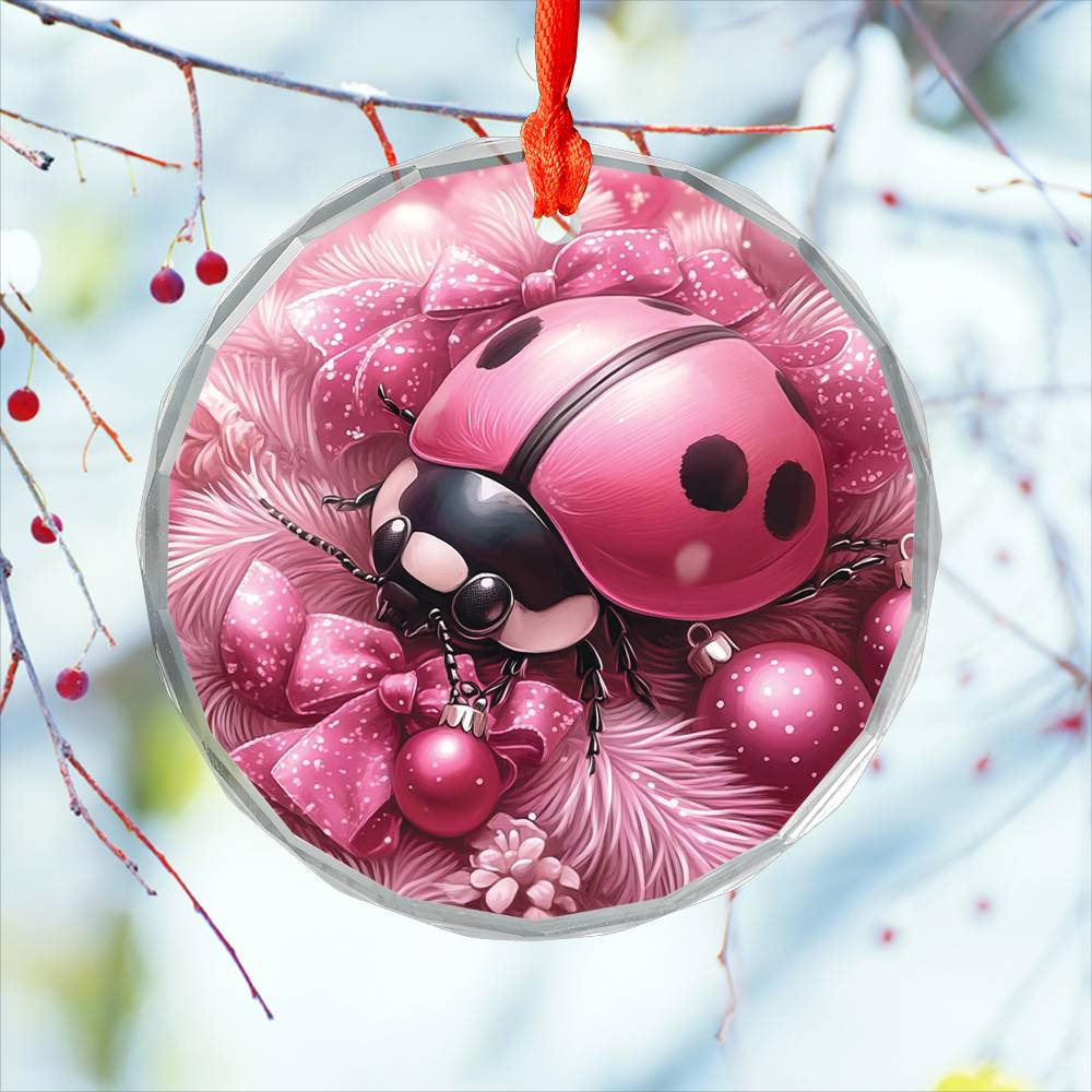 Ladybug Pink Christmas Design 1 Glass Ornament