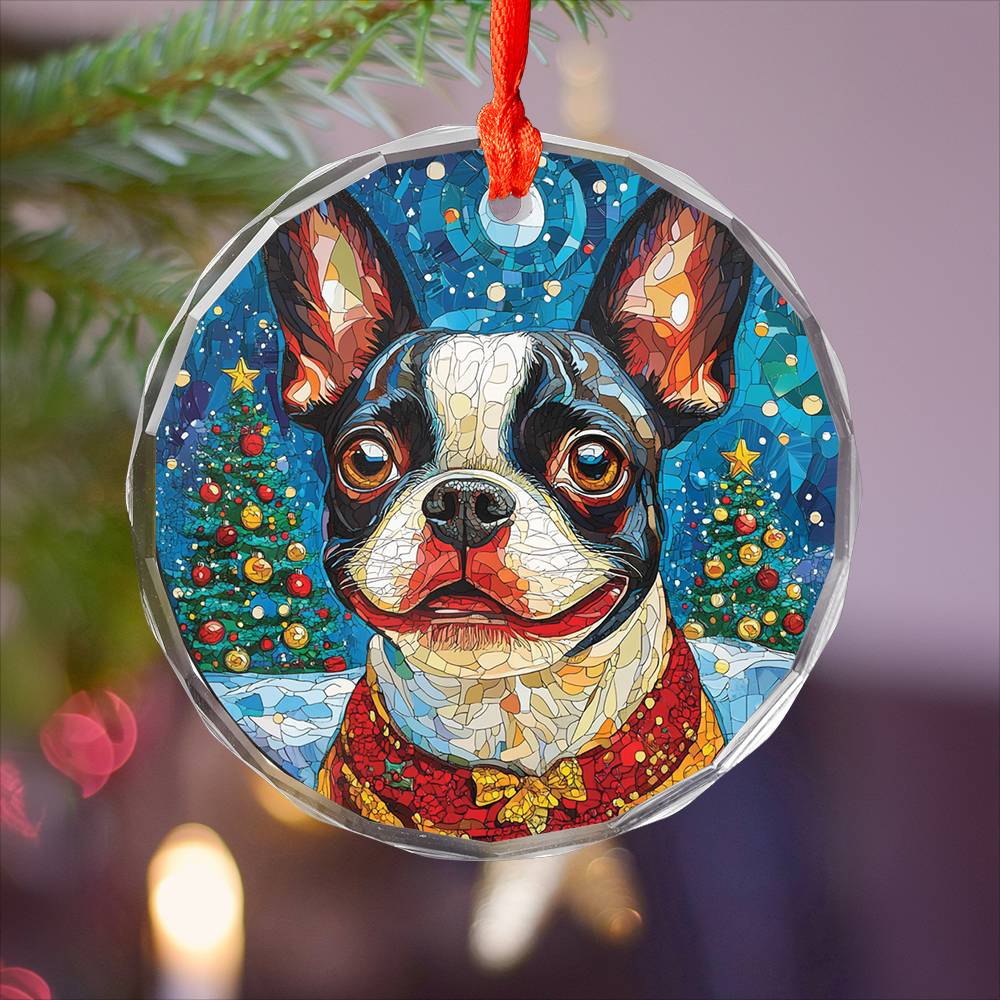 Beautiful Boston Terrier Dog Christmas Night Design 1 Glass Ornament