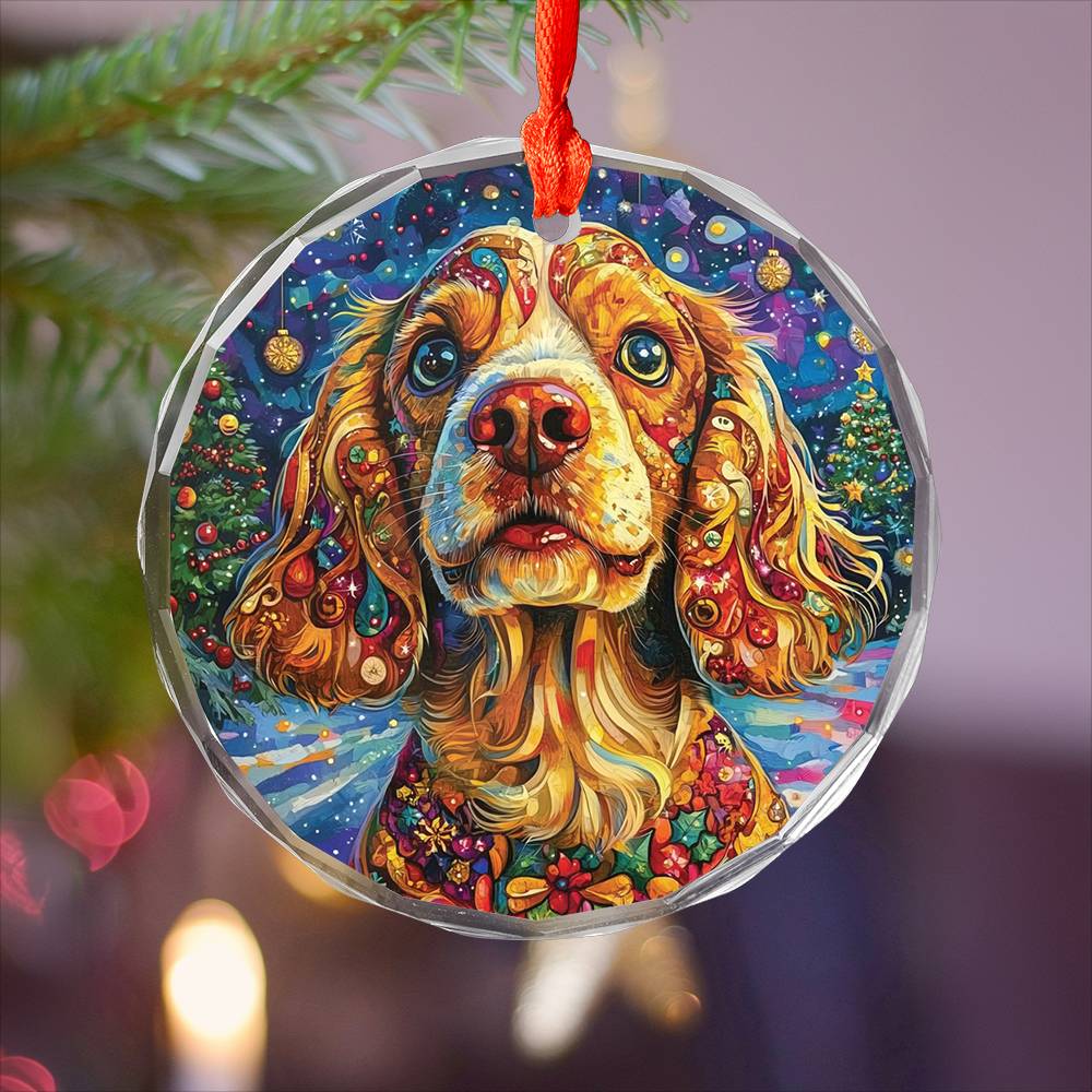Beautiful English Cocker Spaniel Dog Christmas Night Design 3 Glass Ornament