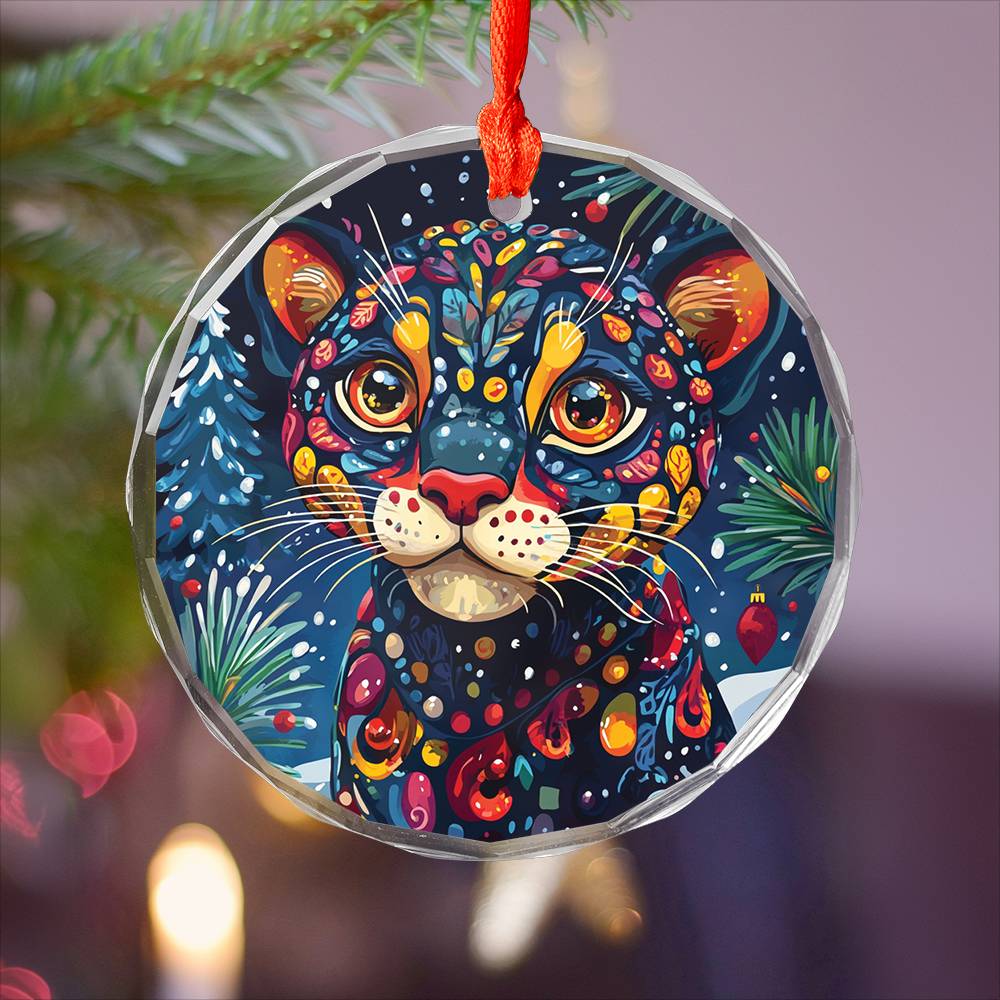Beautiful Panther Christmas Night Design 3 Glass Ornament