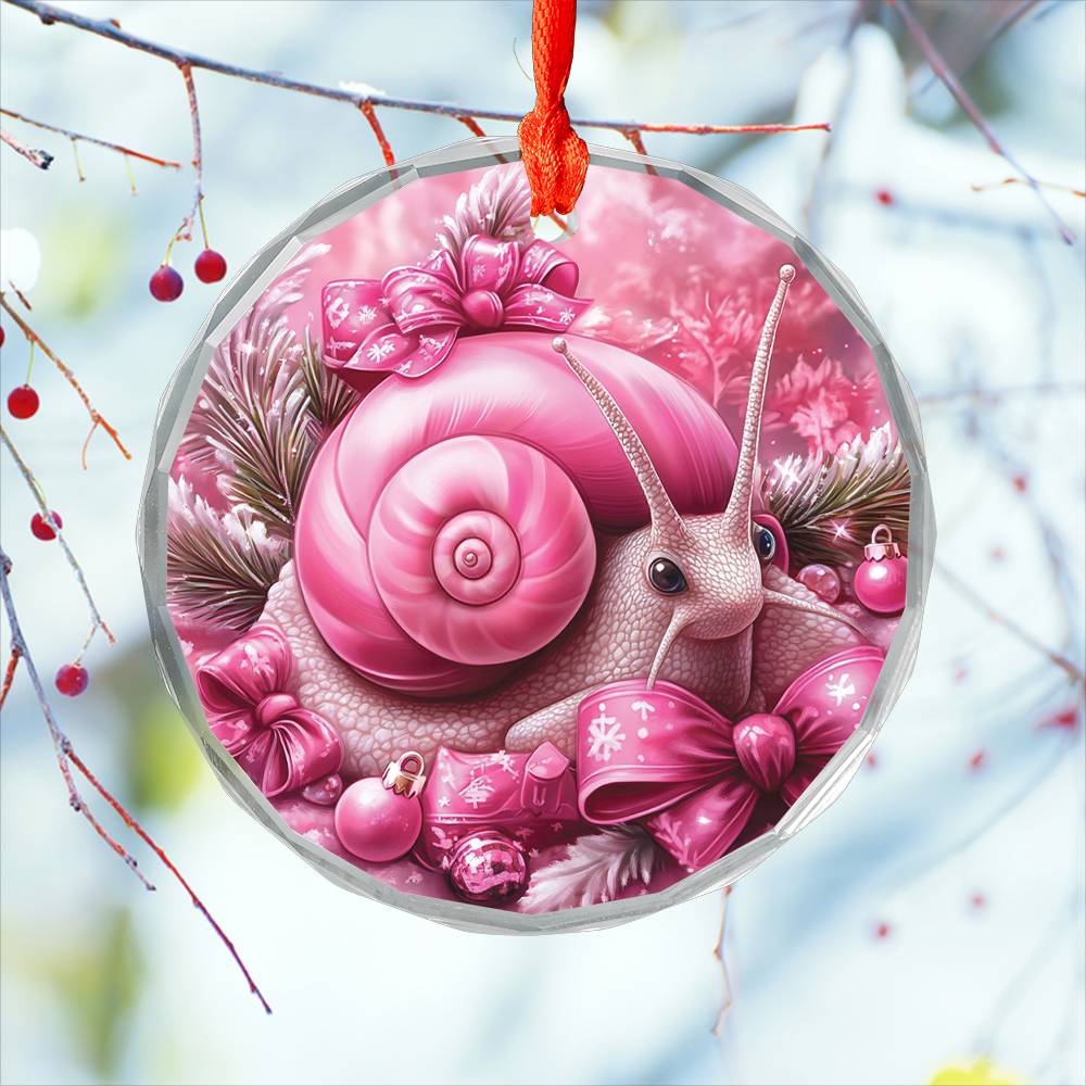 Snail Pink Christmas Design 1 Glass Ornament