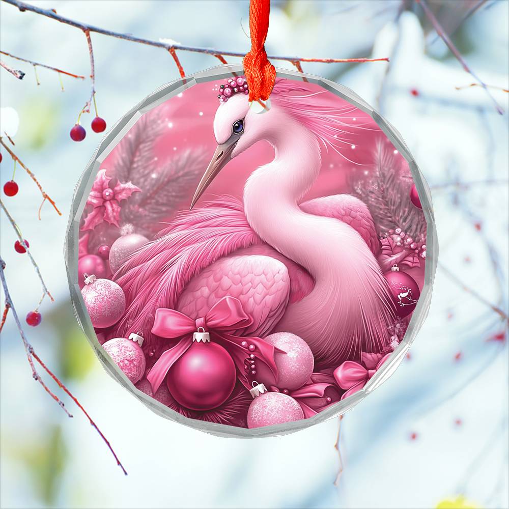 Heron Pink Christmas Design 4 Glass Ornament