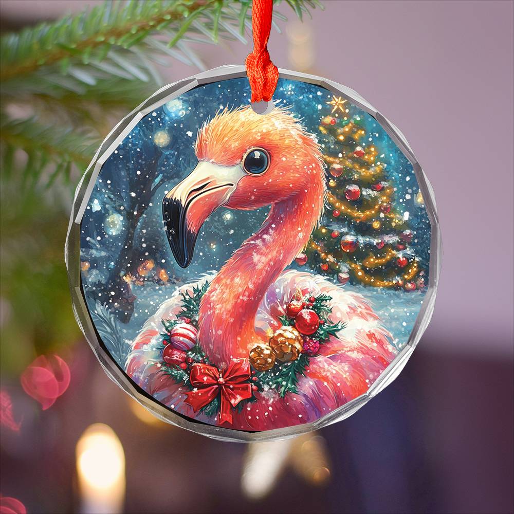 Beautiful Flamingo Christmas Night Design 2 Glass Ornament