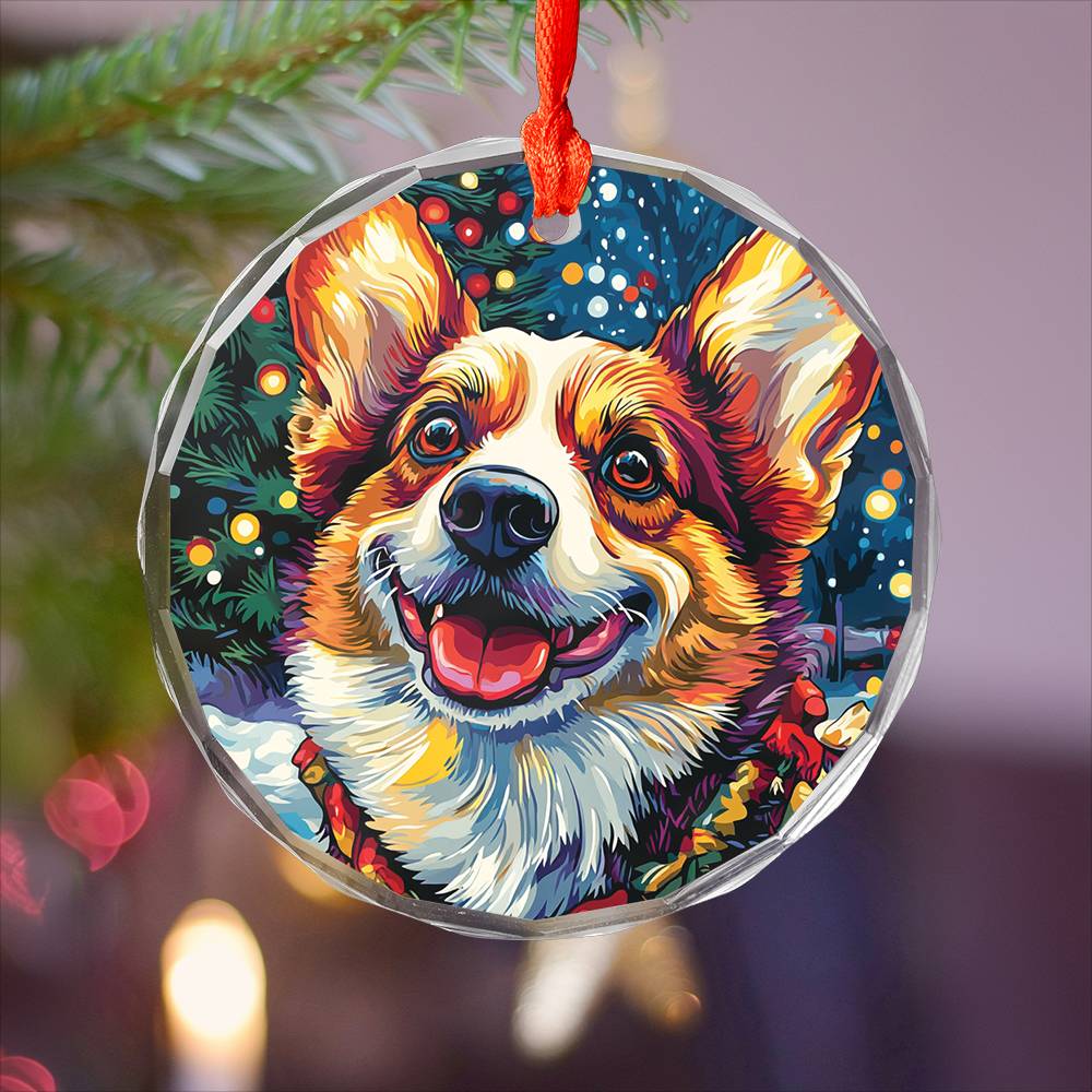 Beautiful Angus Corgi Dog Christmas Night Design 1 Glass Ornament