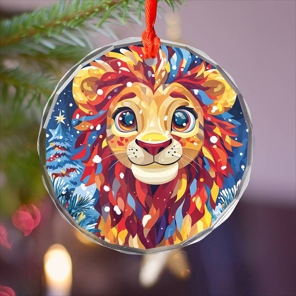 Beautiful Lion Christmas Night Design 2 Glass Ornament