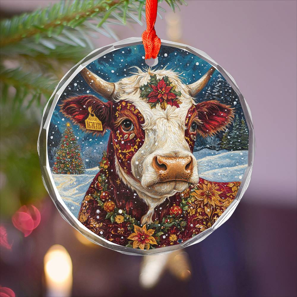 Beautiful Hereford Cow Christmas Night Design 1 Glass Ornament