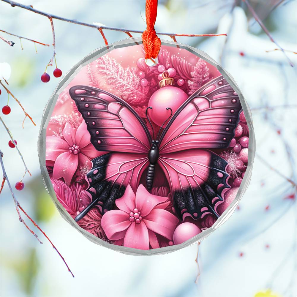 Butterfly Pink Christmas Design 4 Glass Ornament