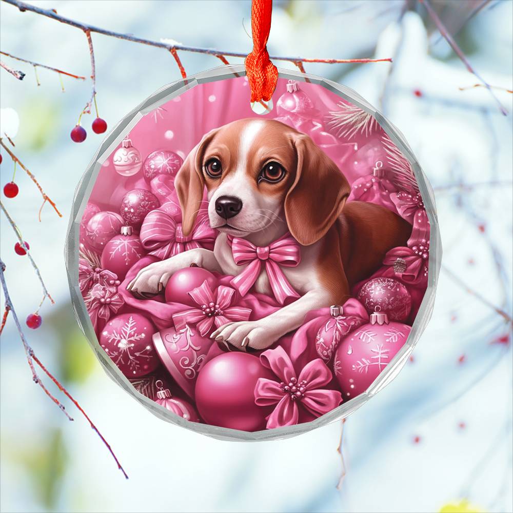 Beagle Dog Pink Christmas Design 2 Glass Ornament