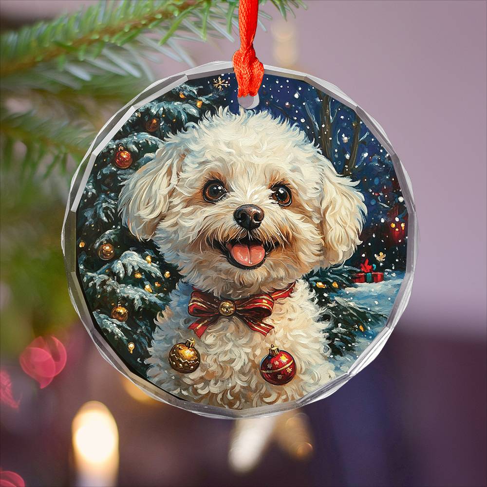 Beautiful Bichon Frise Dog Christmas Night Design 1 Glass Ornament