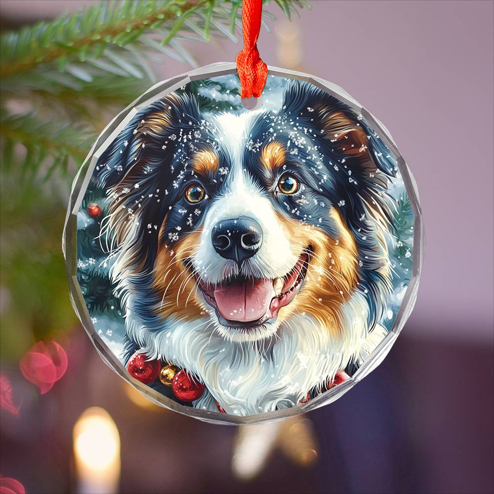 Beautiful Angus Australian Shepherd Dog Christmas Night Design 4 Glass Ornament