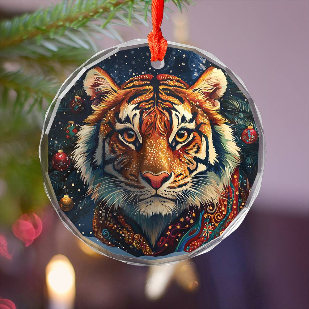 Beautiful Tiger Christmas Night Design 1 Glass Ornament