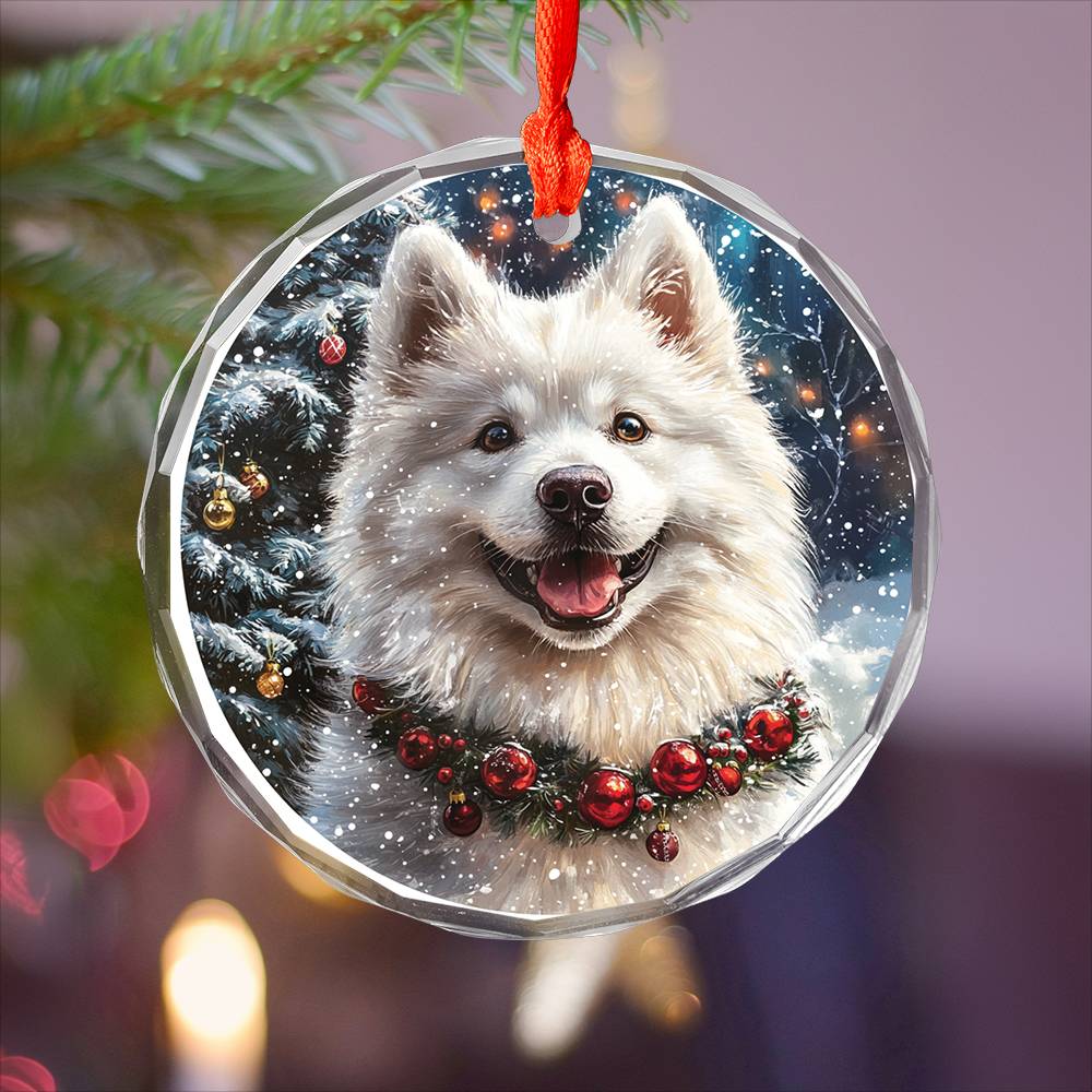 Beautiful Samoyed Dog Christmas Night Design 3 Glass Ornament