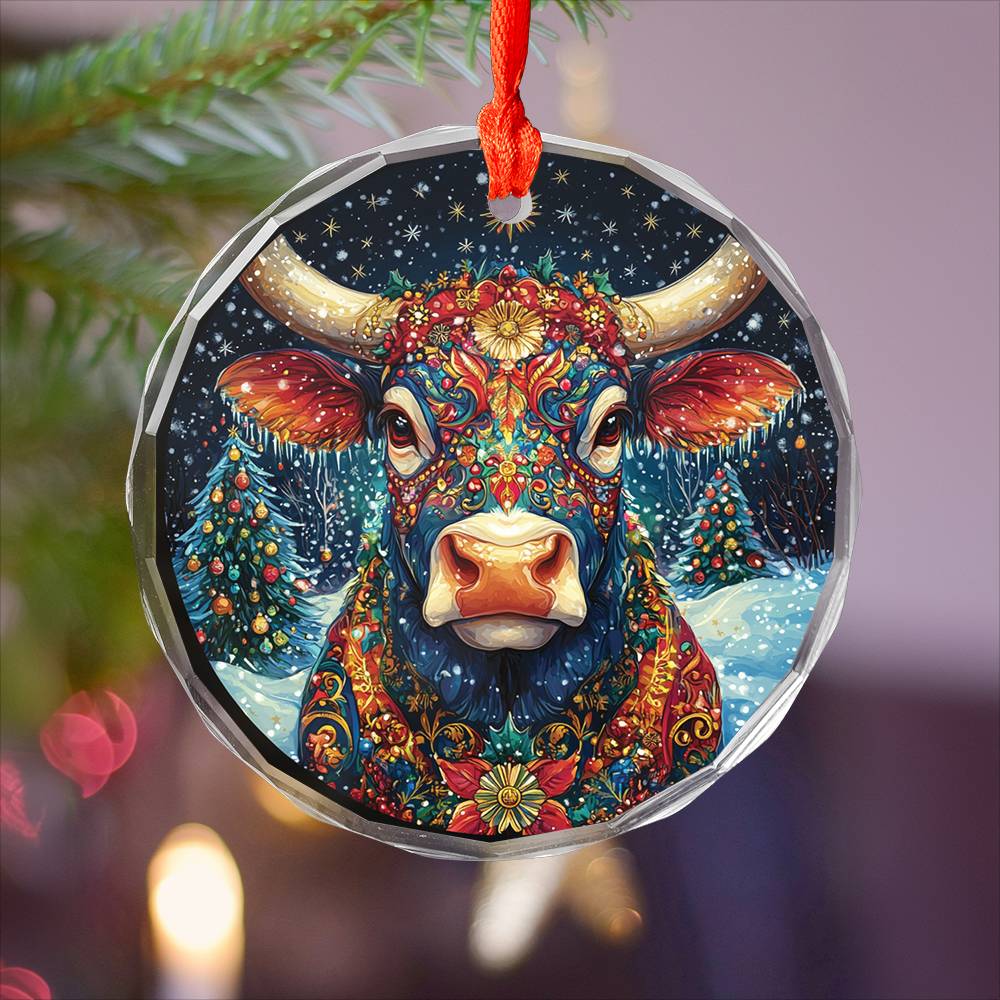 Beautiful Bull Christmas Night Design 2 Glass Ornament