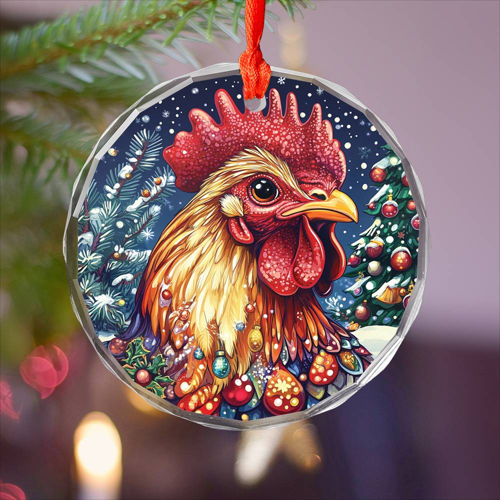 Beautiful Rooster Christmas Night Design 3 Glass Ornament