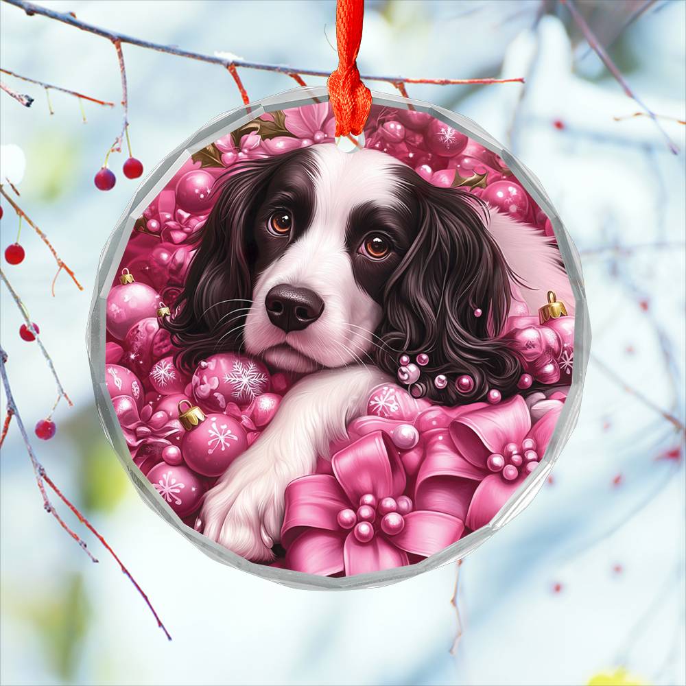 English Springer Spaniel Dog Pink Christmas Design 4 Glass Ornament