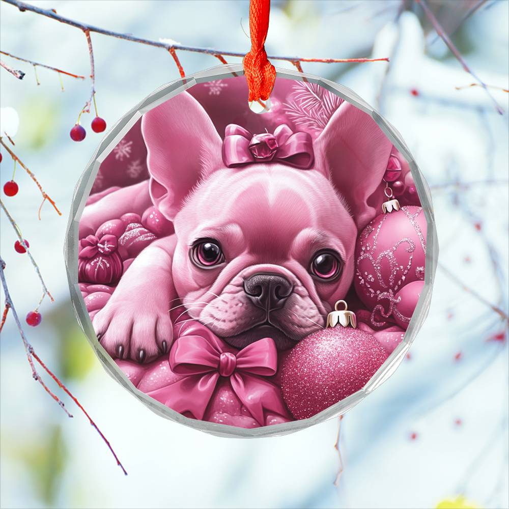 French Bulldog Pink Christmas Design 1 Glass Ornament