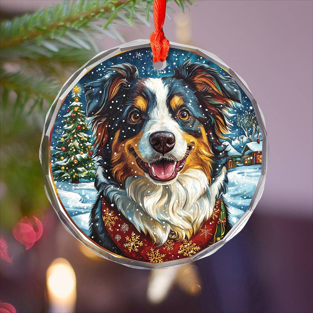 Beautiful Border Collie Dog Christmas Night Design 1 Glass Ornament