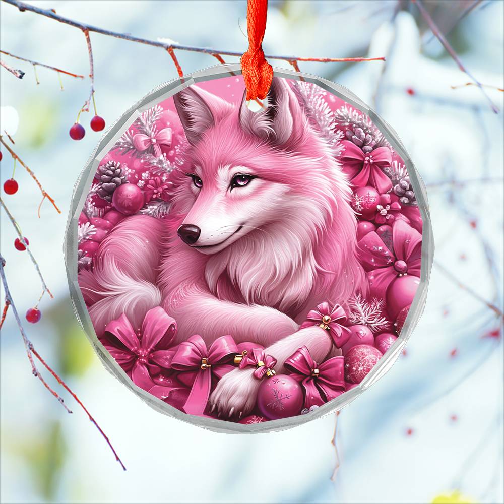 Wolf Pink Christmas Design 2 Glass Ornament