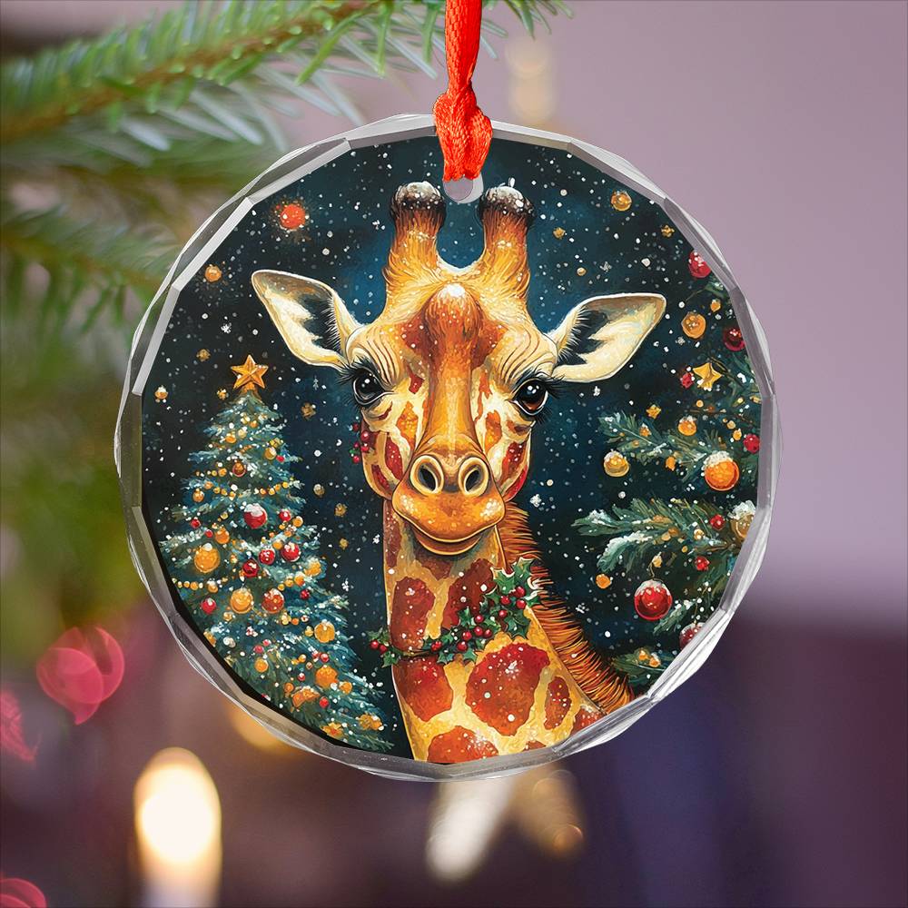 Beautiful Giraffe Christmas Night Design 2 Glass Ornament