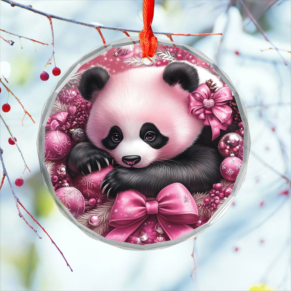 Panda Pink Christmas Design 1 Glass Ornament