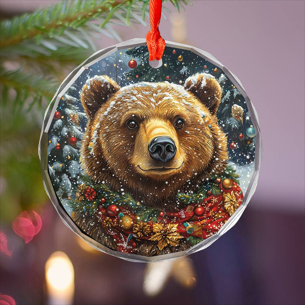Beautiful Angus Grizzly Bear Christmas Night Design 1 Glass Ornament