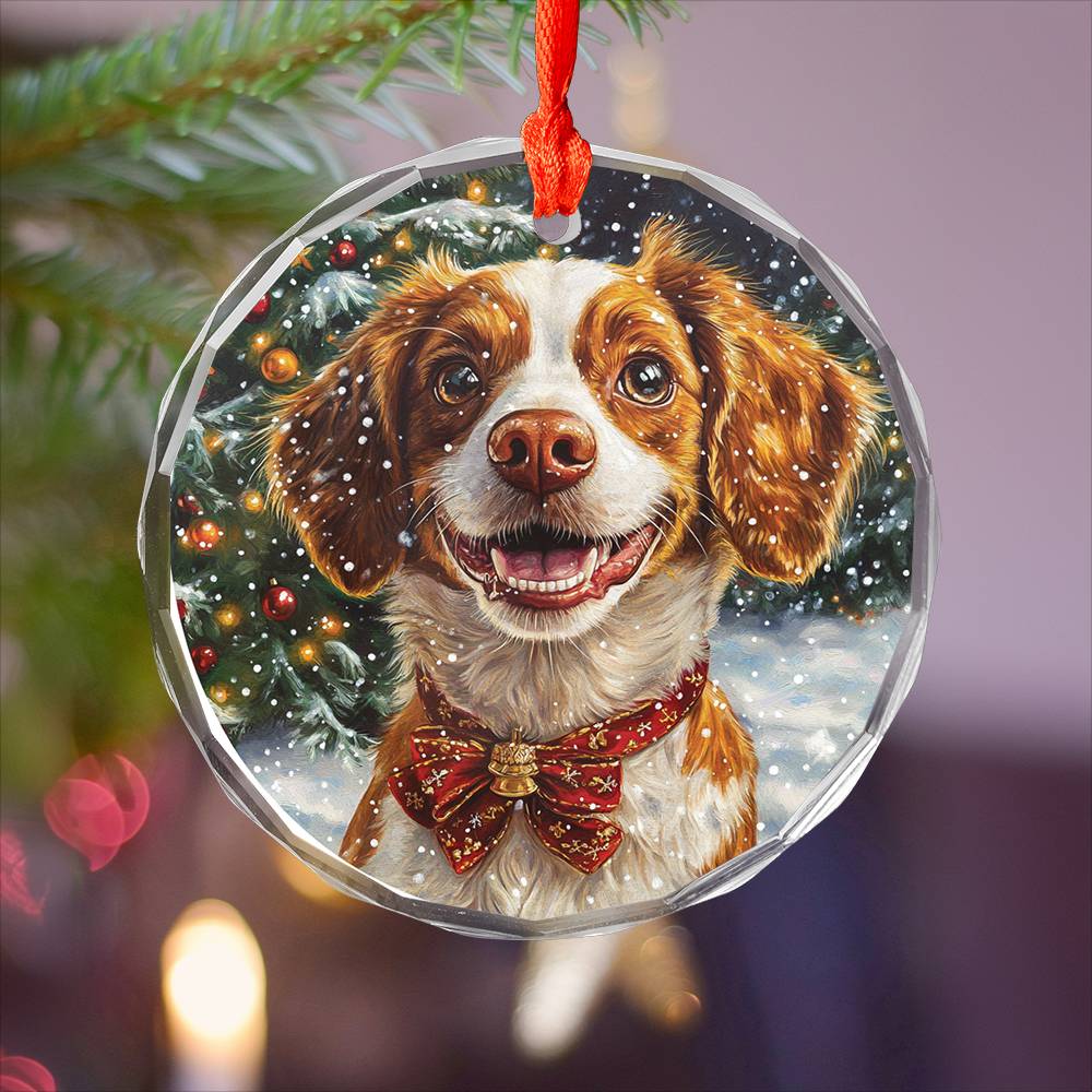 Beautiful Brittany Dog Christmas Night Design 3 Glass Ornament