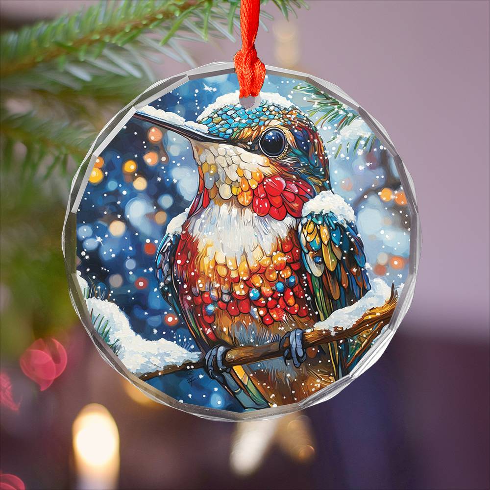Beautiful Hummingbird Christmas Night Design 2 Glass Ornament