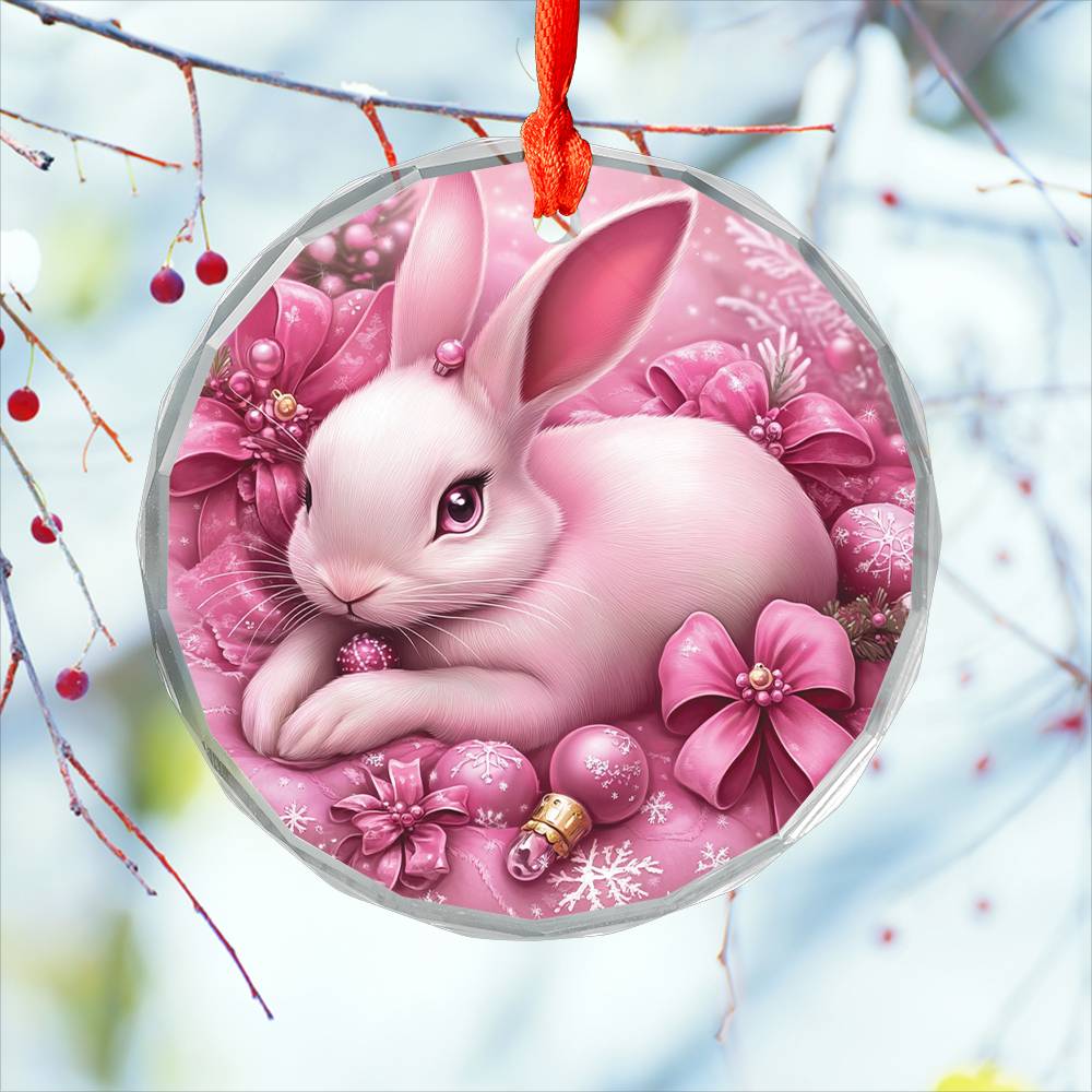 Rabbit Pink Christmas Design 3 Glass Ornament