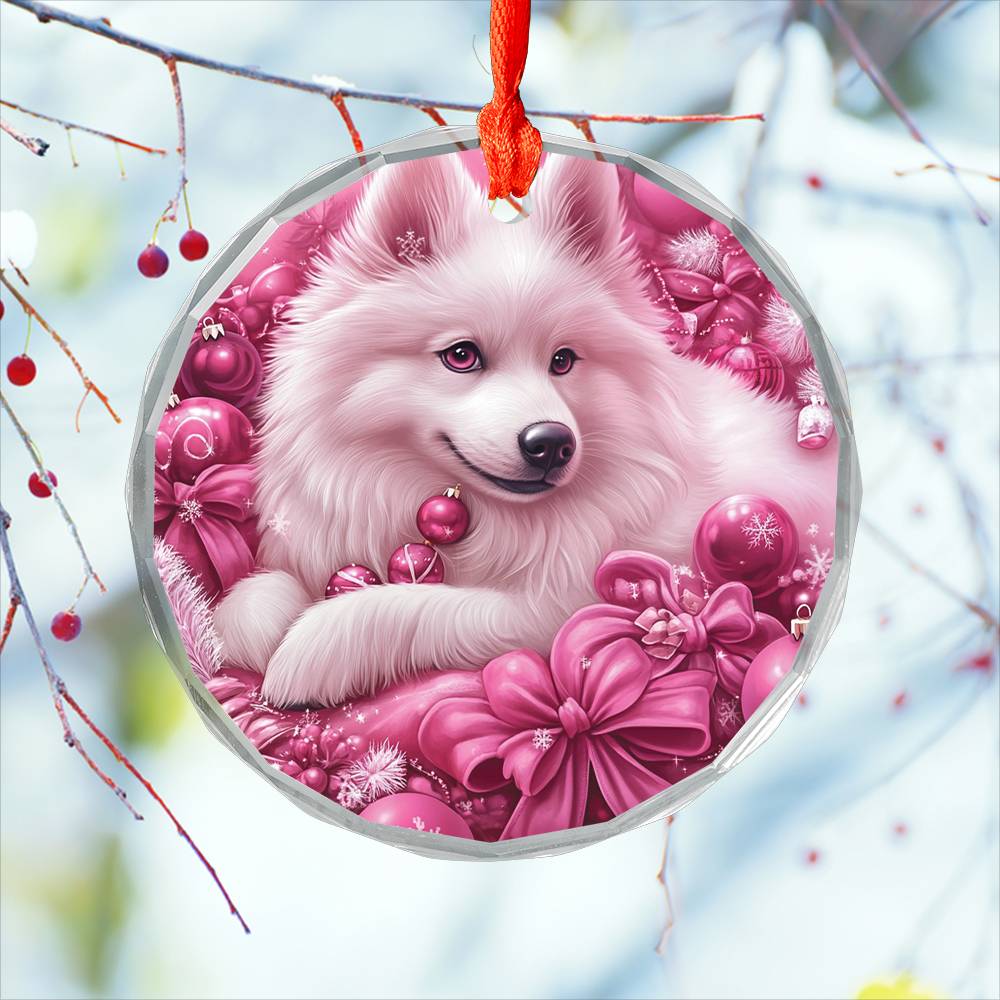 Samoyed Dog Pink Christmas Design 1 Glass Ornament