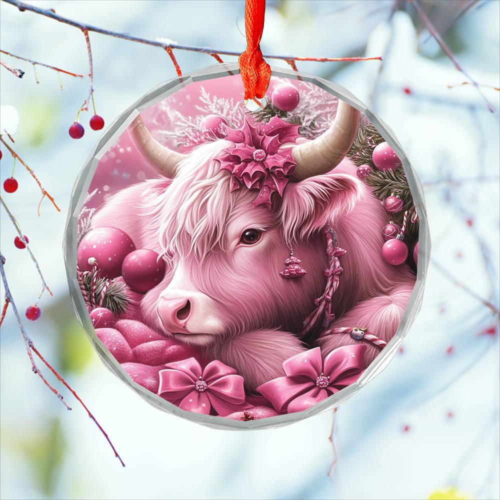 Highland Cow Pink Christmas Design 2 Glass Ornament
