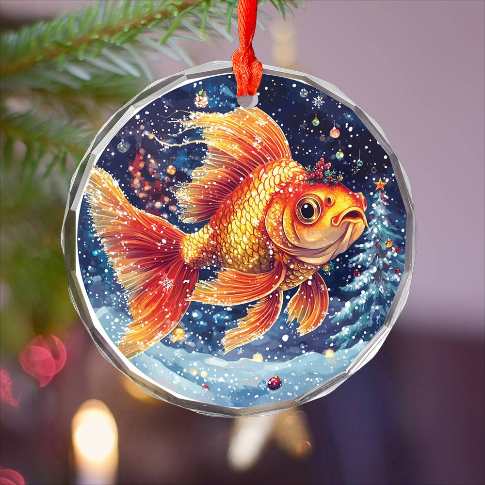Beautiful Angus Goldfish Christmas Night Design 2 Glass Ornament
