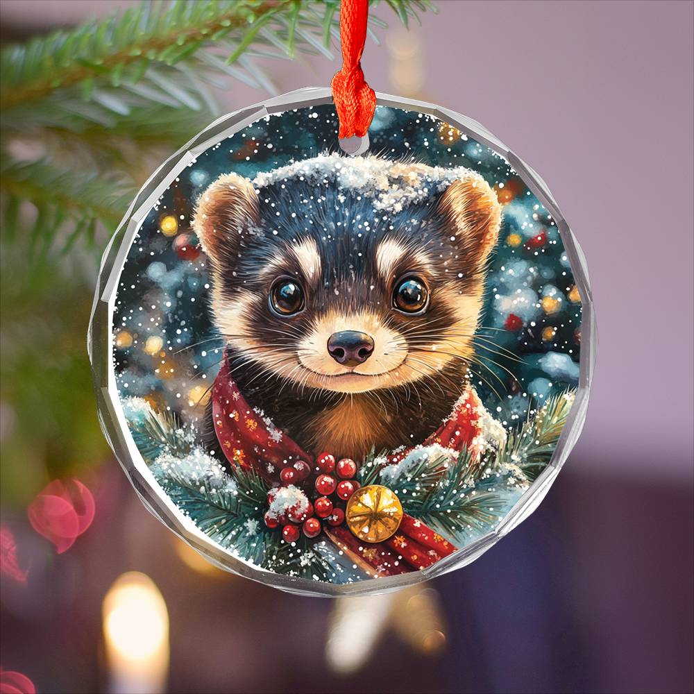 Beautiful Ferret Christmas Night Design 4 Glass Ornament