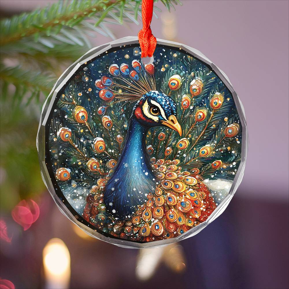 Beautiful Peacock Christmas Night Design 2 Glass Ornament