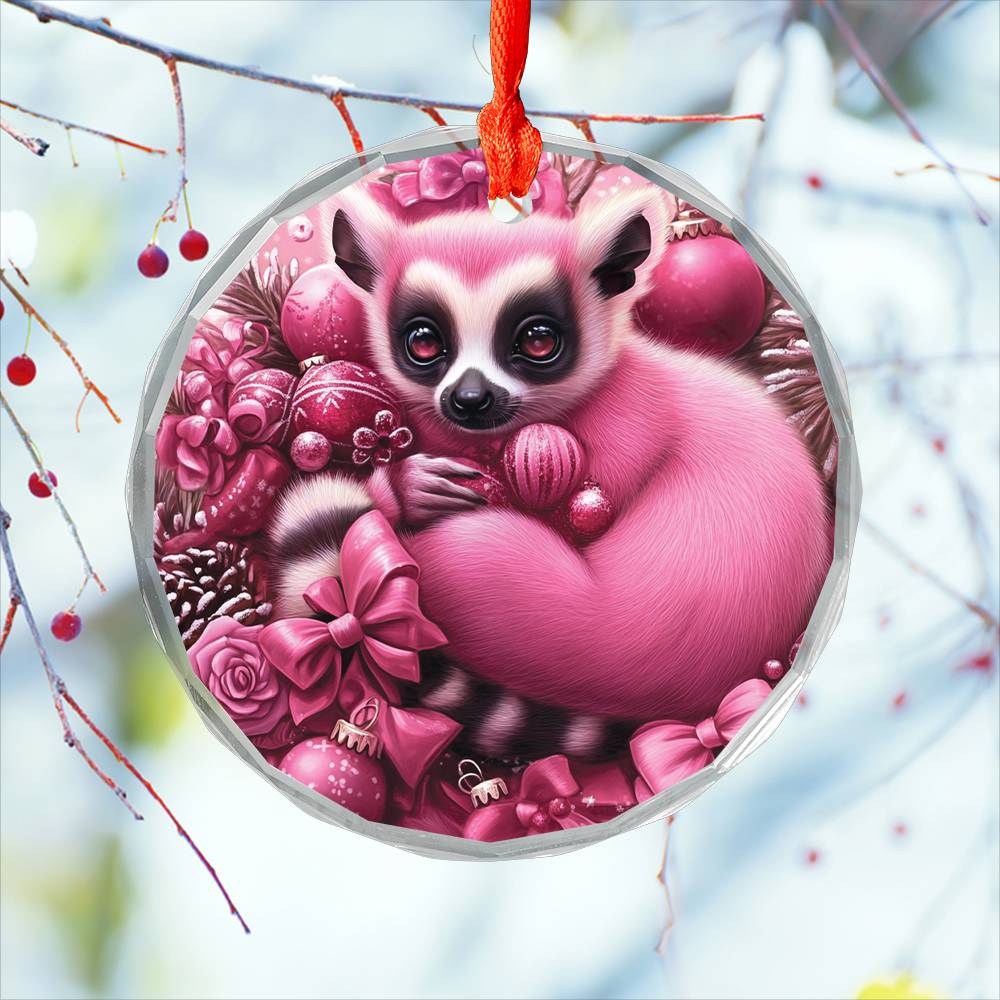 Lemur Pink Christmas Design 2 Glass Ornament