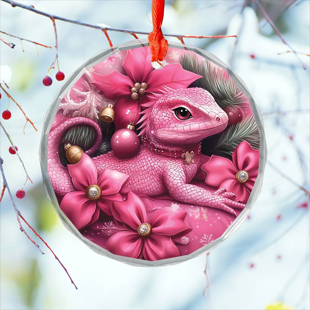 Lizard Pink Christmas Design 1 Glass Ornament