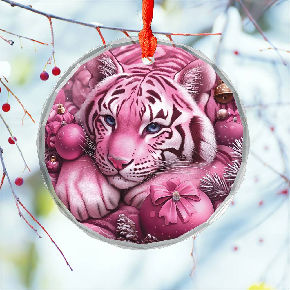Tiger Pink Christmas Design 1 Glass Ornament