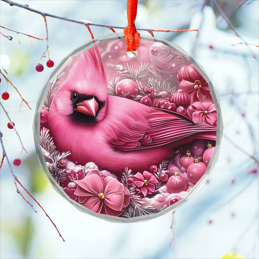 Cardinal Pink Christmas Design 3 Glass Ornament
