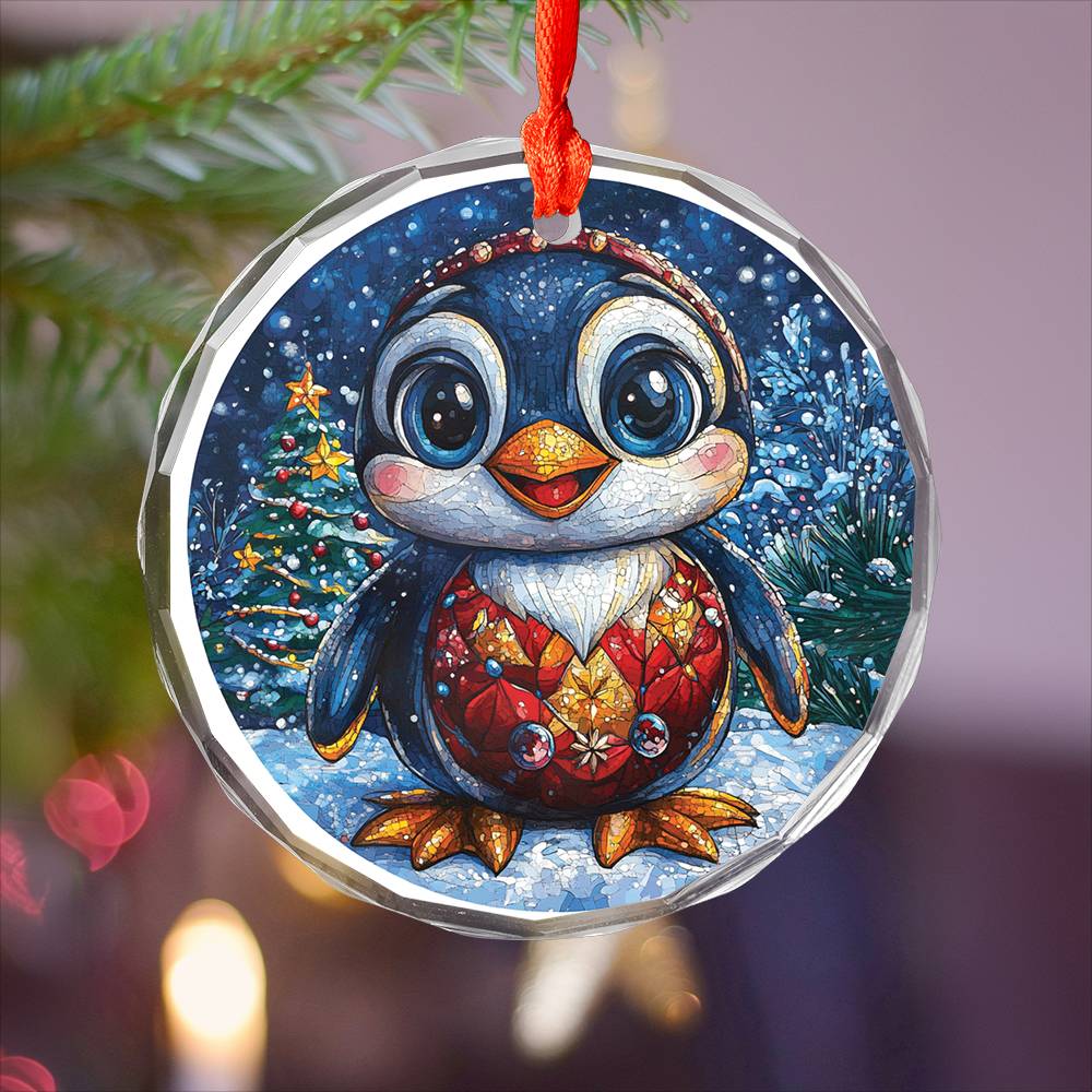 Beautiful Angus Penguin Christmas Night Design 2 Glass Ornament