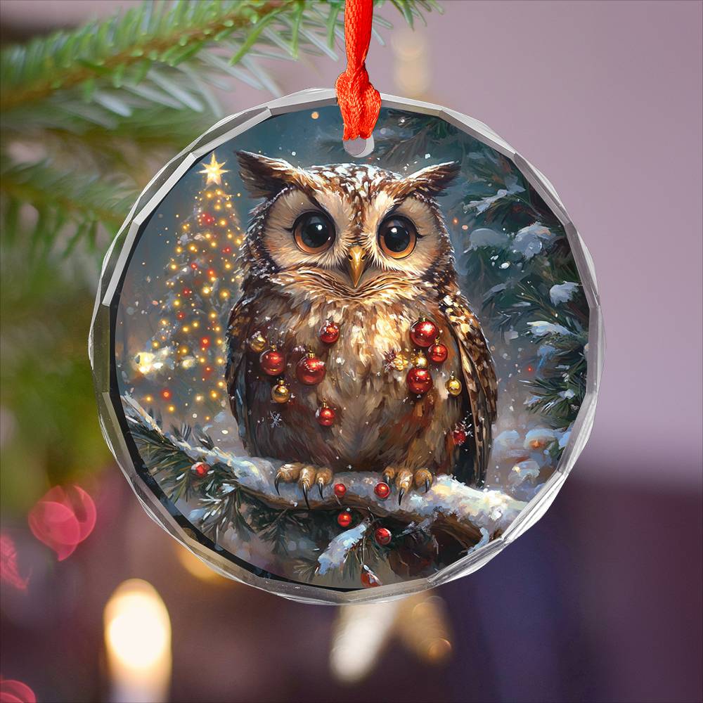 Beautiful Owl Christmas Night Design 4 Glass Ornament