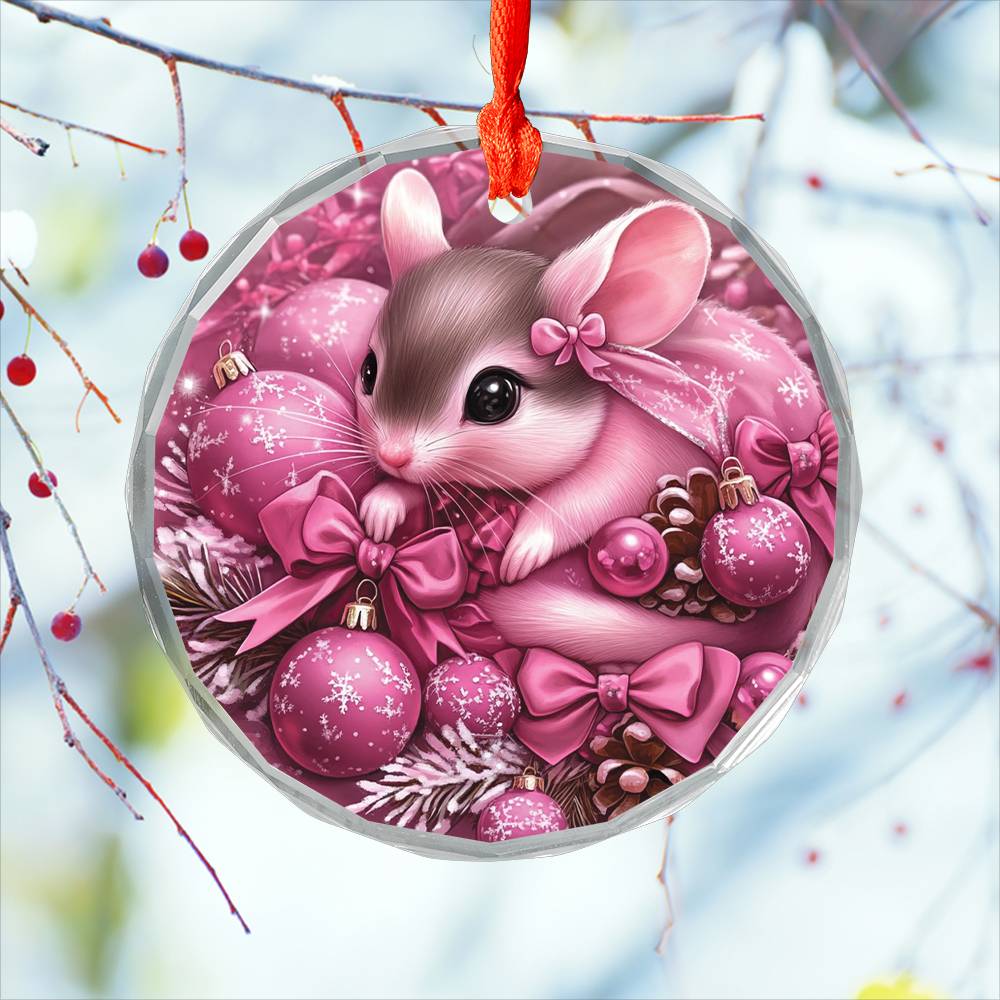 Mice Pink Christmas Design 3 Glass Ornament
