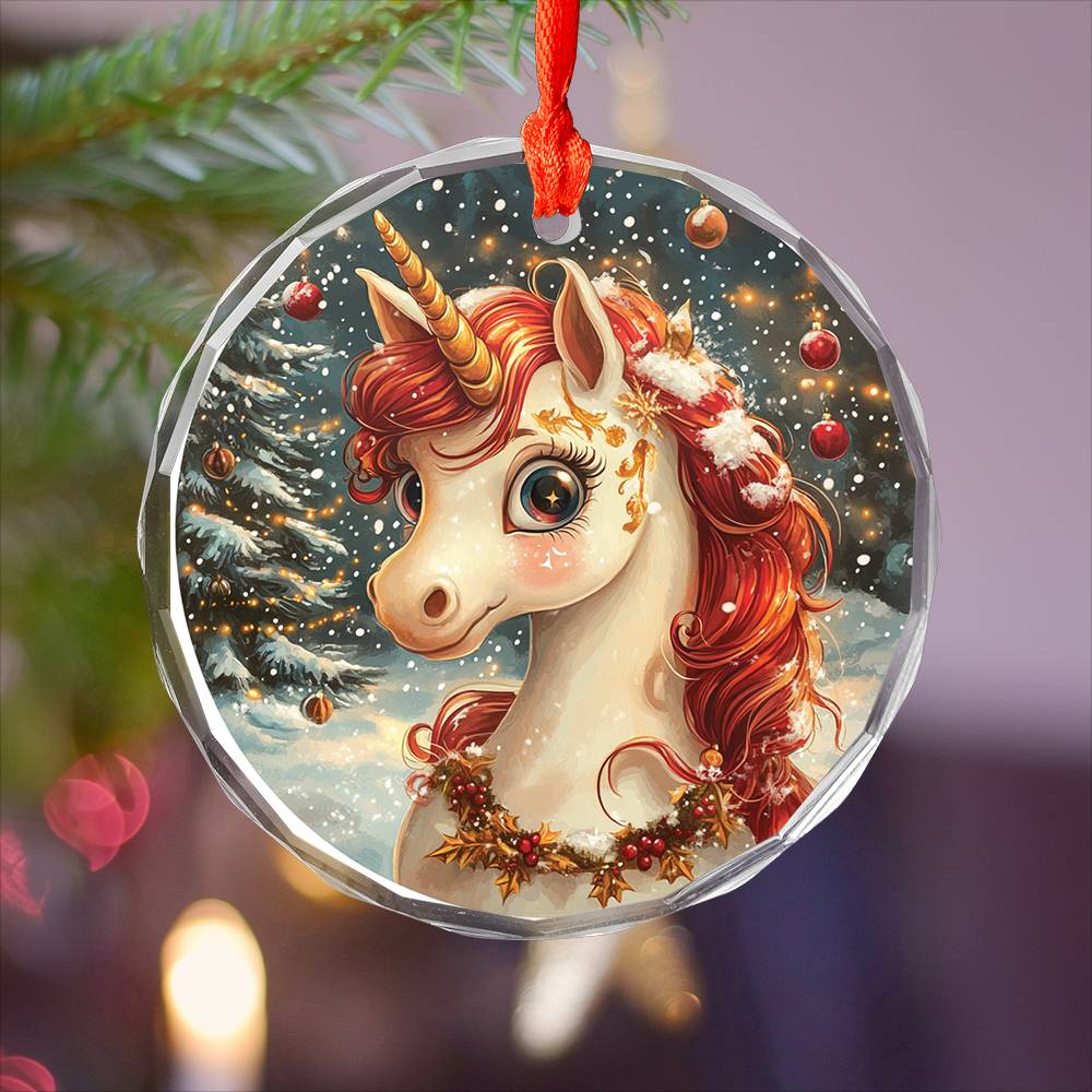 Beautiful Angus Unicorn Christmas Night Design 2 Glass Ornament