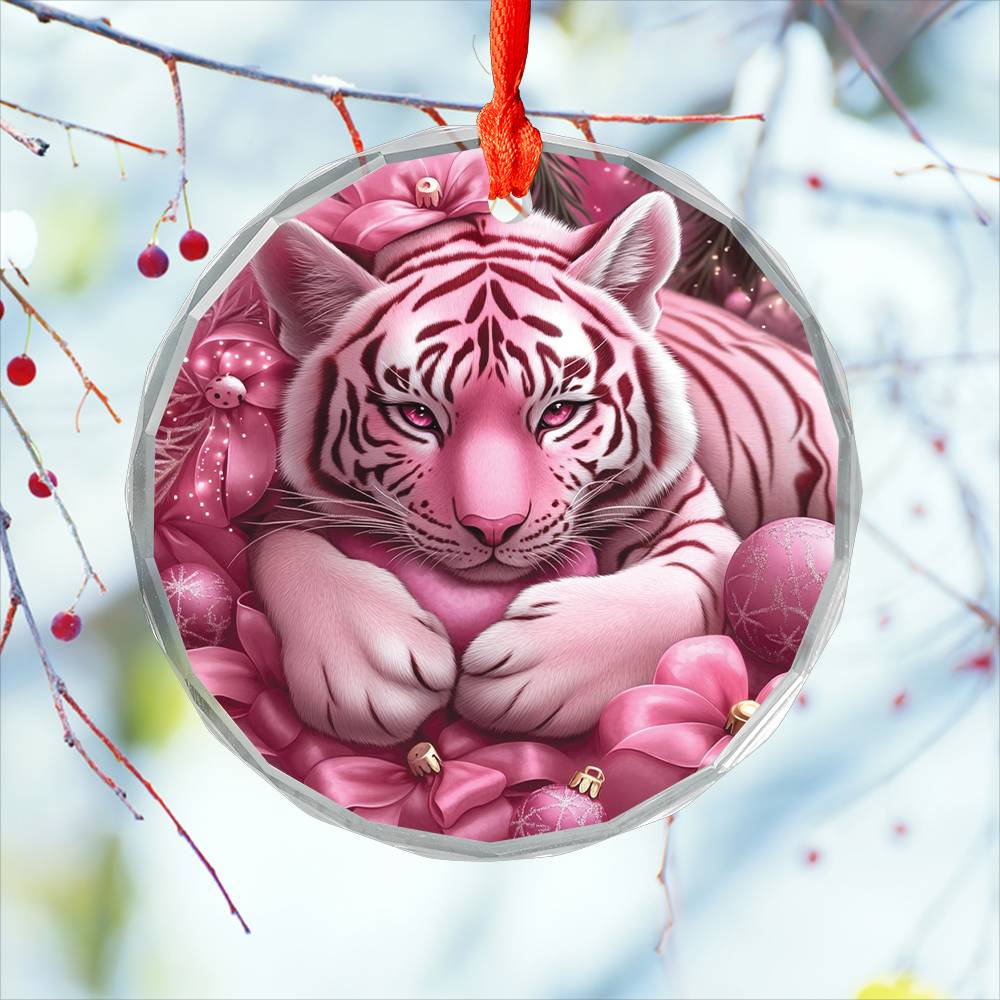 Tiger Pink Christmas Design 2 Glass Ornament