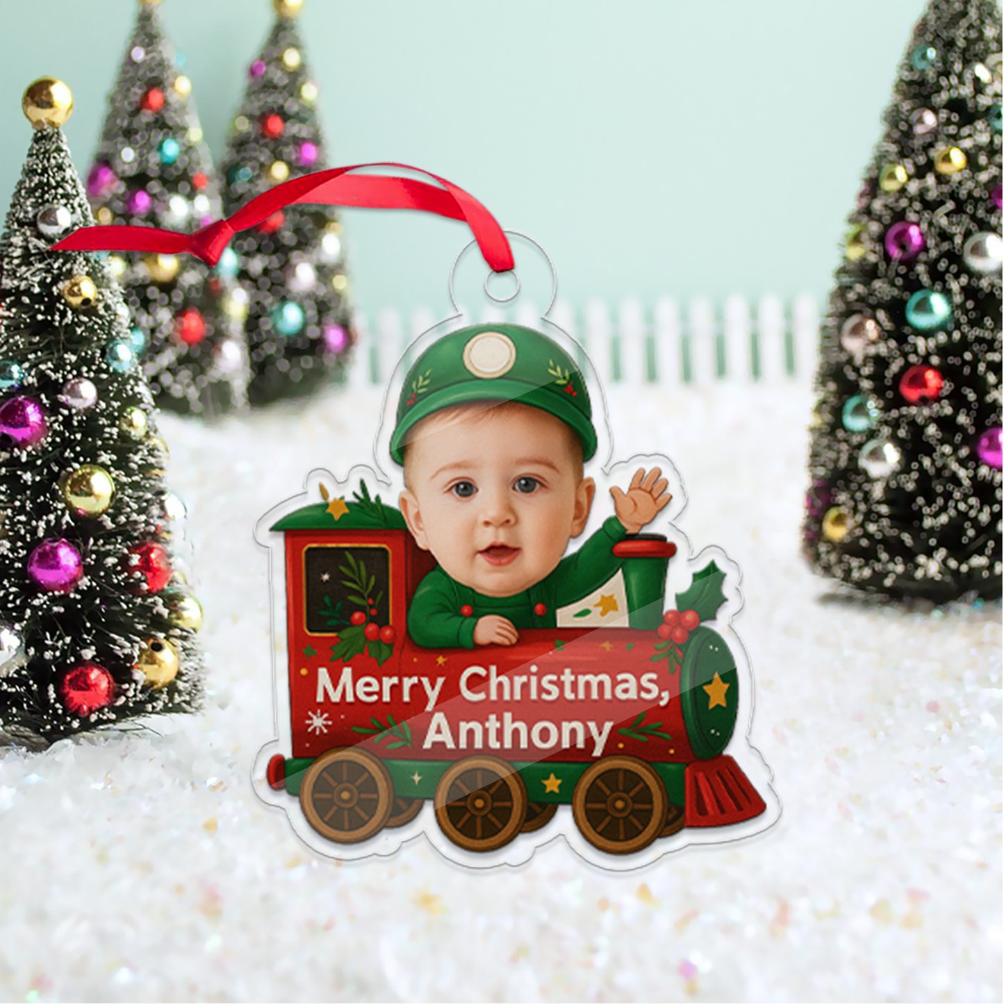 Custom Photo Baby In Train Acrylic Ornament, Funny Christmas Ornament, Custom Face Picture Ornament, Christmas Tree Decor