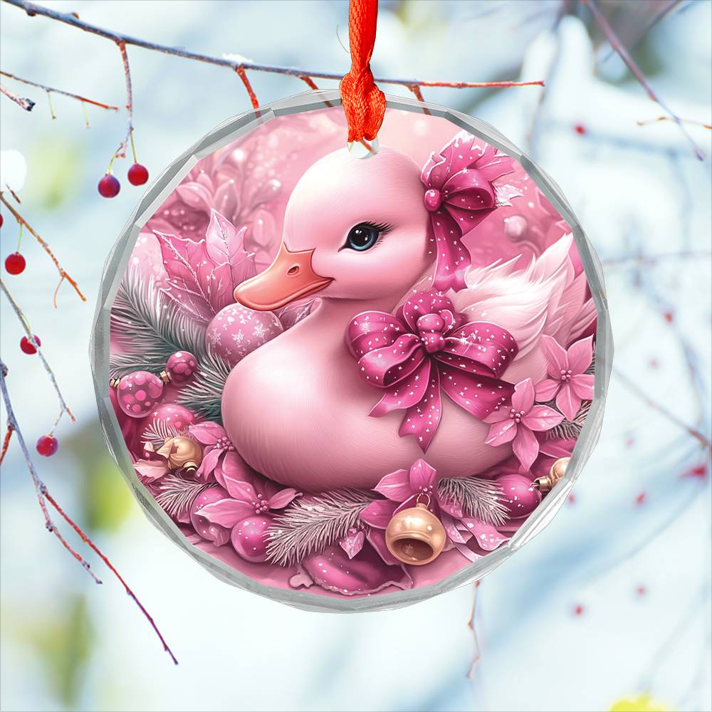 Duck Pink Christmas Design 1 Glass Ornament