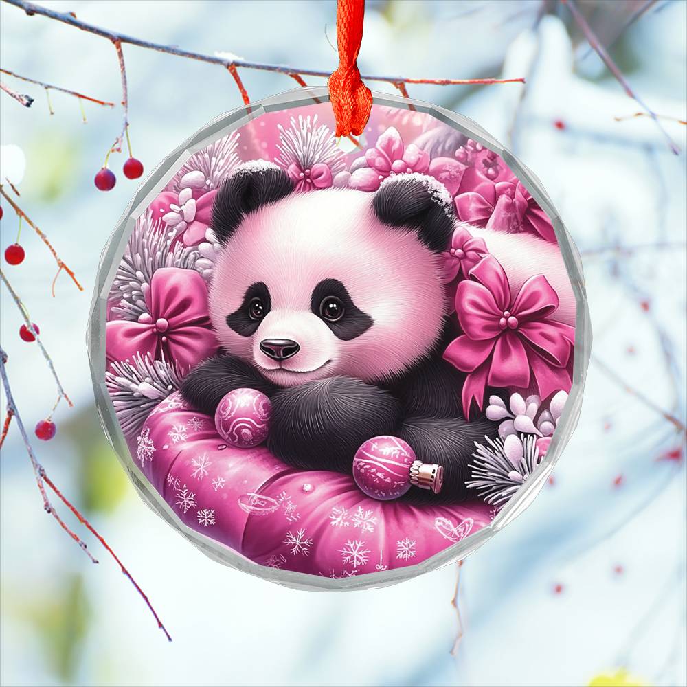 Panda Pink Christmas Design 4 Glass Ornament