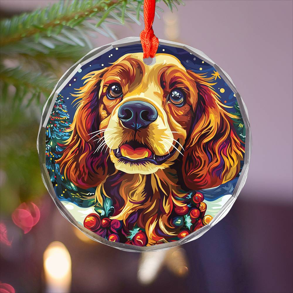 Beautiful Cocker Spaniel Dog Christmas Night Design 1 Glass Ornament