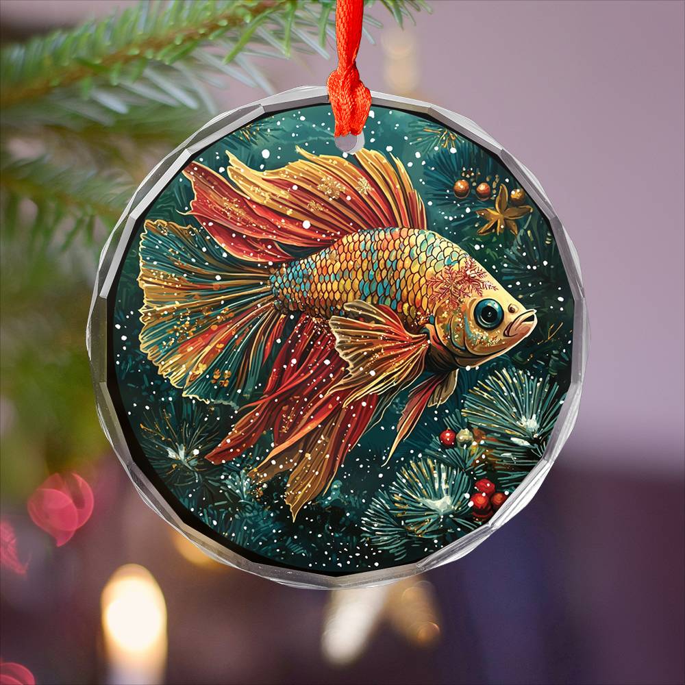 Beautiful Angus Betta Fish Christmas Night Design 1 Glass Ornament