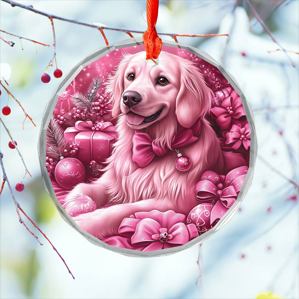 Golden Retriever Dog Pink Christmas Design 4 Glass Ornament